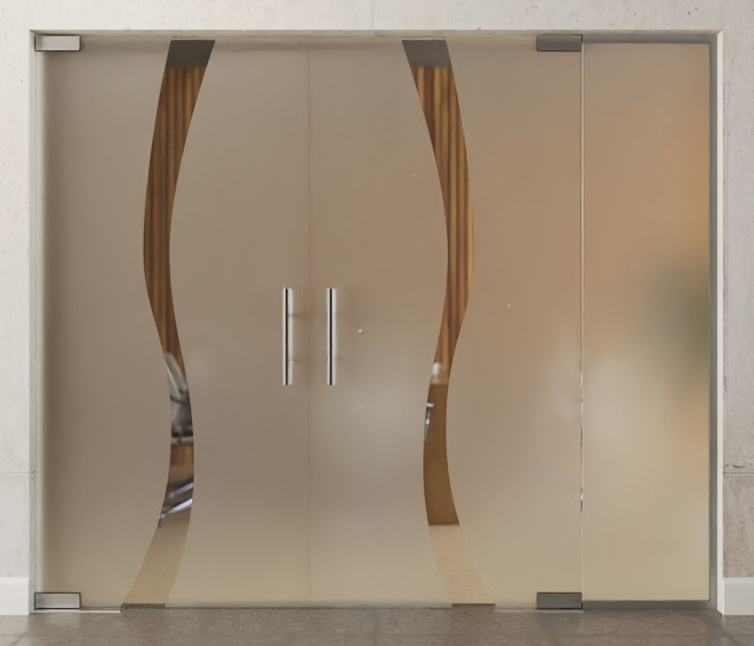 Frontansicht von Bergamo Motiv klar 2-flg. Glaspendeltür mit festem Seitenteil DORMA Mundus BTS Variante 5 - Erkelenz