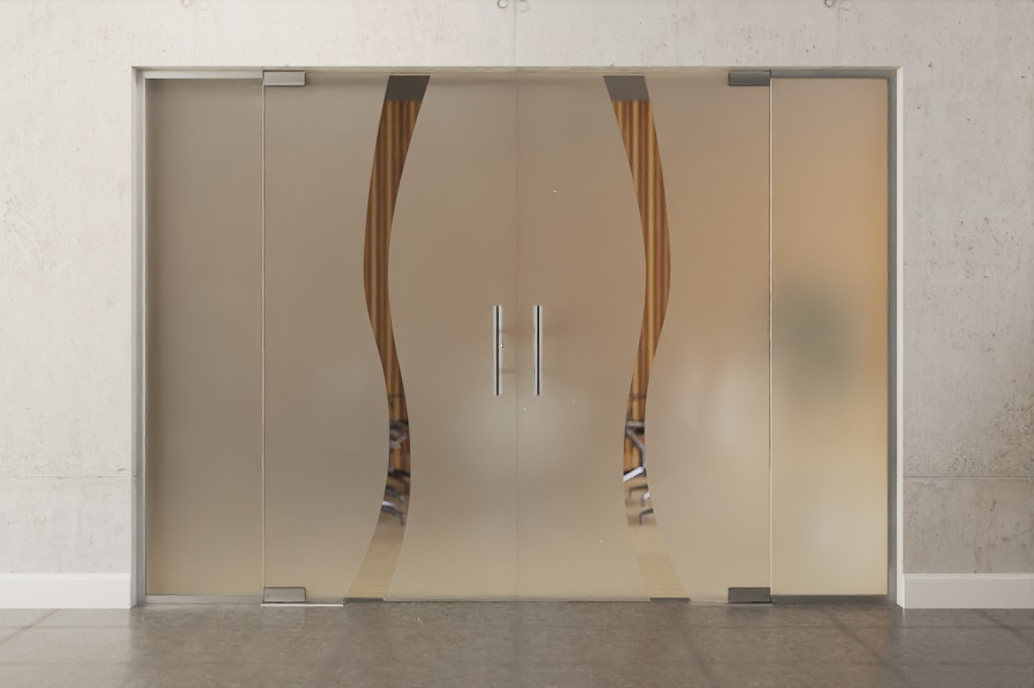 Frontbild von Bergamo Motiv klar 2-flg. Glaspendeltür mit zwei festen Seitenteilen DORMA Mundus BTS Variante 6 - Erkelenz