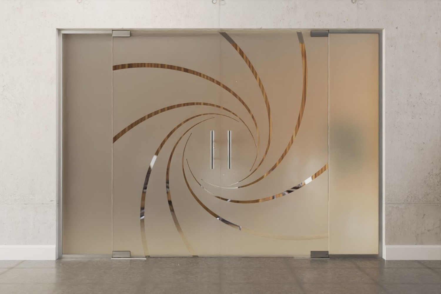 Frontbild von Cristall Motiv klar 2-flg. Glaspendeltür mit zwei festen Seitenteilen DORMA Mundus BTS Variante 6 - Erkelenz