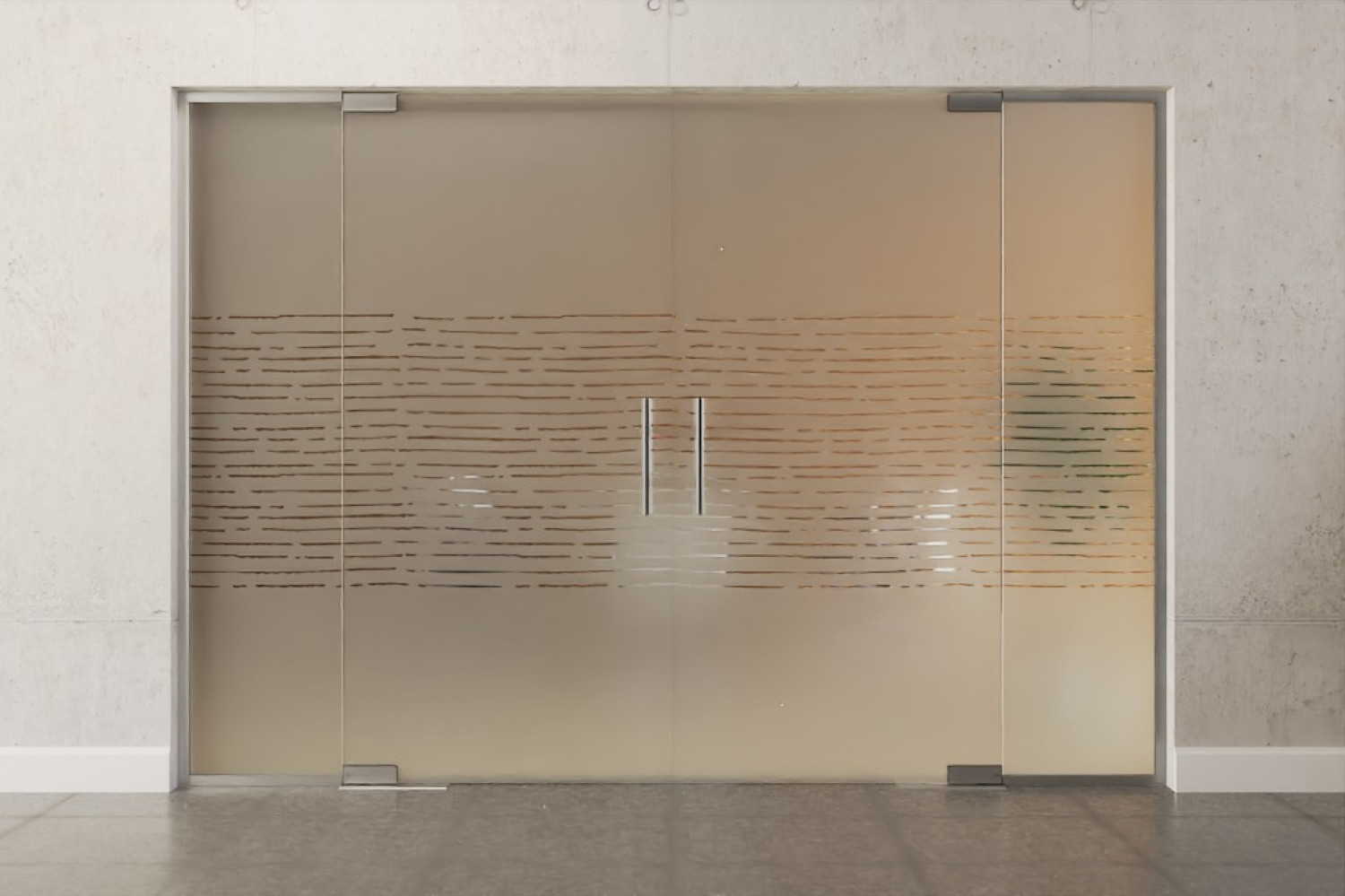 Frontbild von Morse Motiv klar 2-flg. Glaspendeltür mit zwei festen Seitenteilen DORMA Mundus BTS Variante 6 - Erkelenz