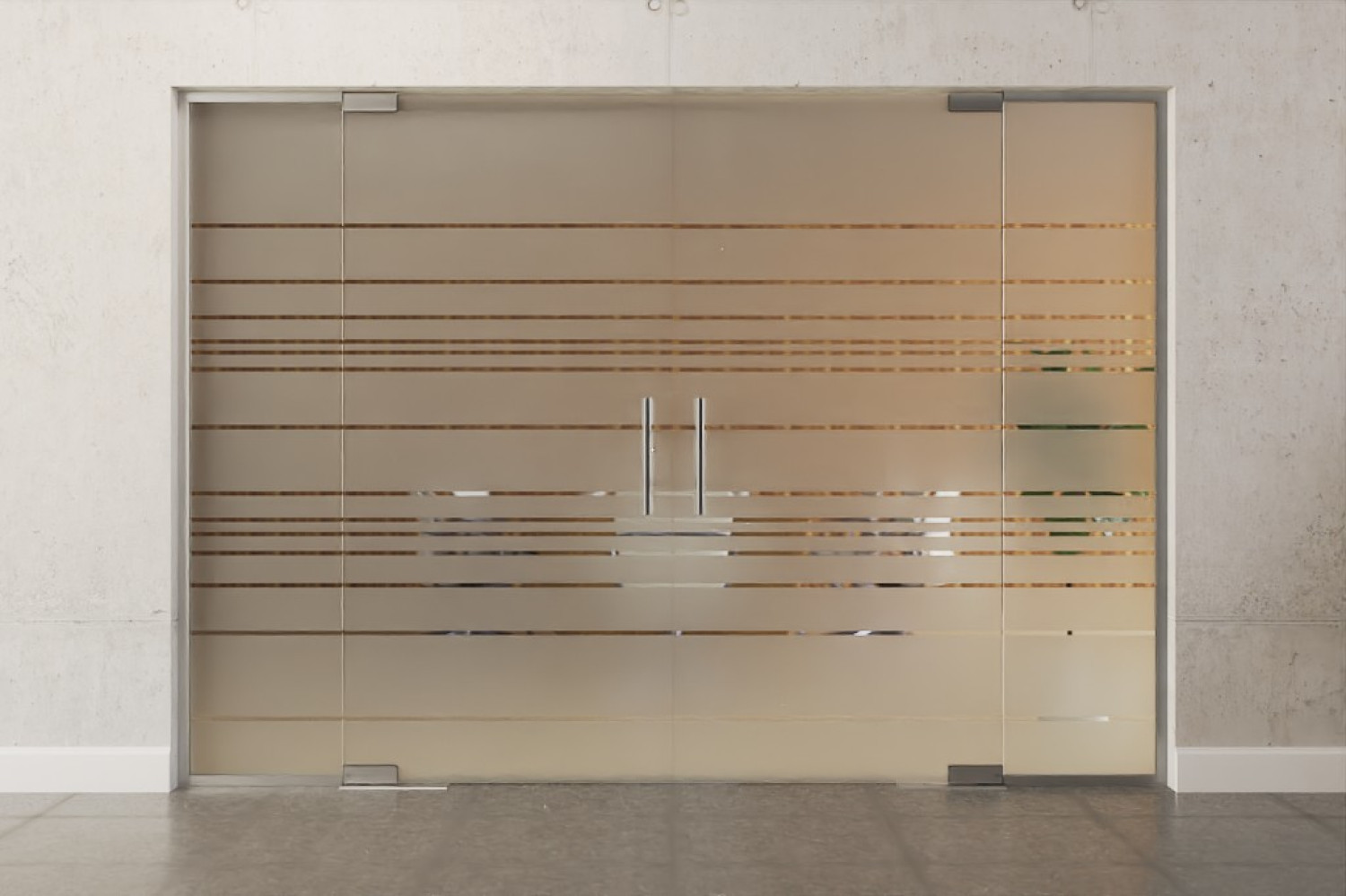 Frontbild von Quer Motiv klar 2-flg. Glaspendeltür mit zwei festen Seitenteilen DORMA Mundus BTS Variante 6 - Erkelenz