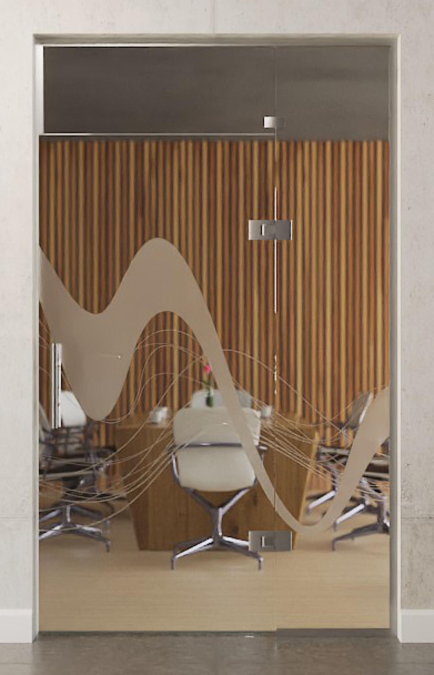Bild von Sinus 2 Motiv matt Glaspendeltür mit festem Seitenteil und Oberlicht DORMA Tensor Glas an Glas Variante 4 - Erkelenz