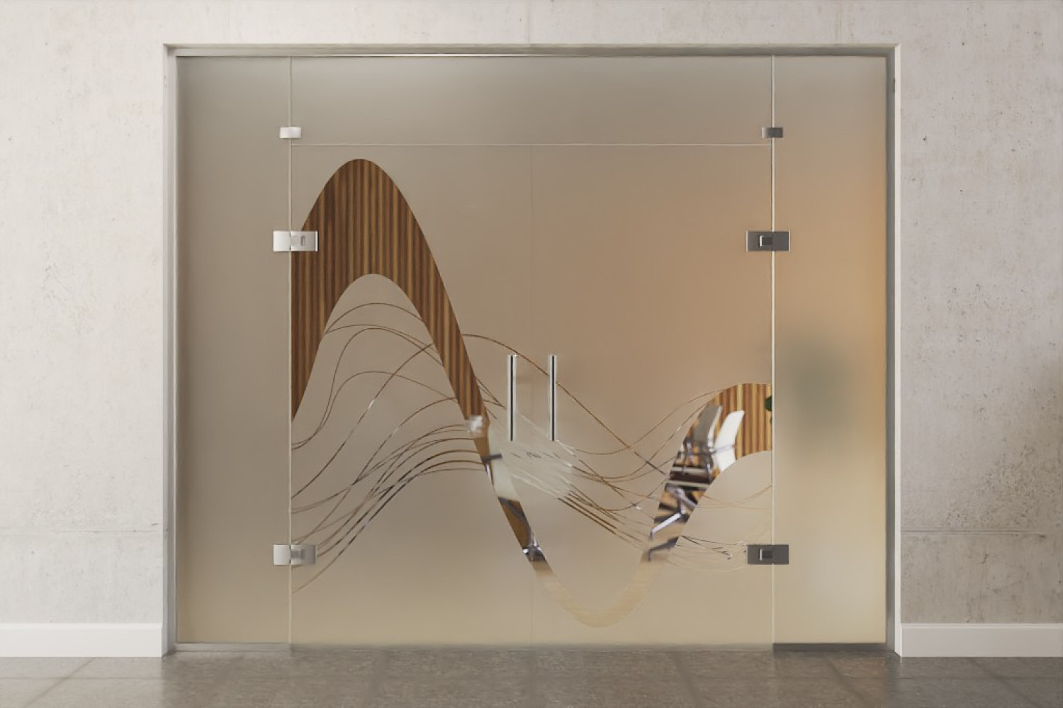 Bild von Sinus 2 Motiv klar 2-flg. Glaspendeltür mit zwei festen Seitenteilen und Oberlicht DORMA Tensor Variante 6 - Erkelenz