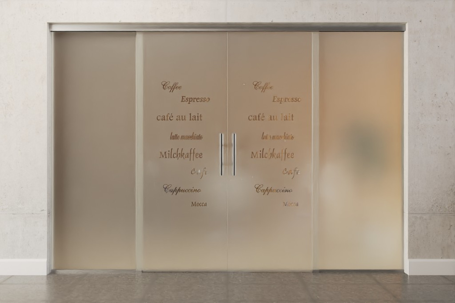 Frontansicht von Cafe 2 Motiv klar 2-flg. Glasschiebetür mit zwei festen Seitenteilen Sigma Flexible Variante 3 - Erkelenz