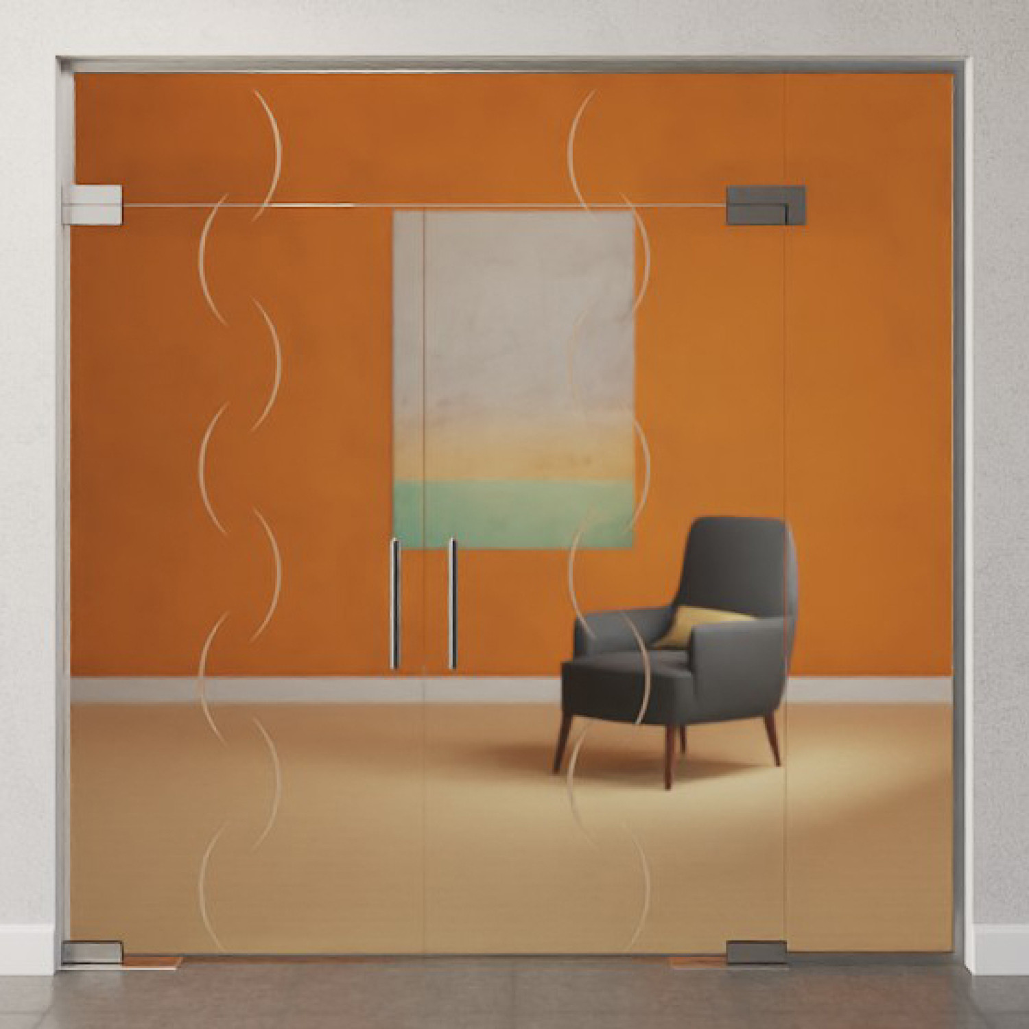 Bild von Atessa Motiv matt 2-flg. Glaspendeltür mit einem Seitenteil und Oberlicht DORMA Mundus BTS Variante 11 - Erkelenz