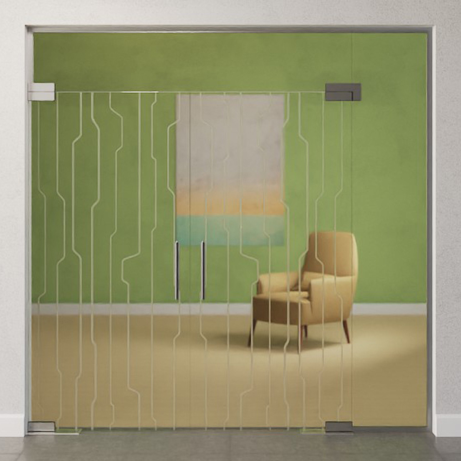 Bild von Curves Motiv matt 2-flg. Glaspendeltür mit einem Seitenteil und Oberlicht DORMA Mundus BTS Variante 11 - Erkelenz