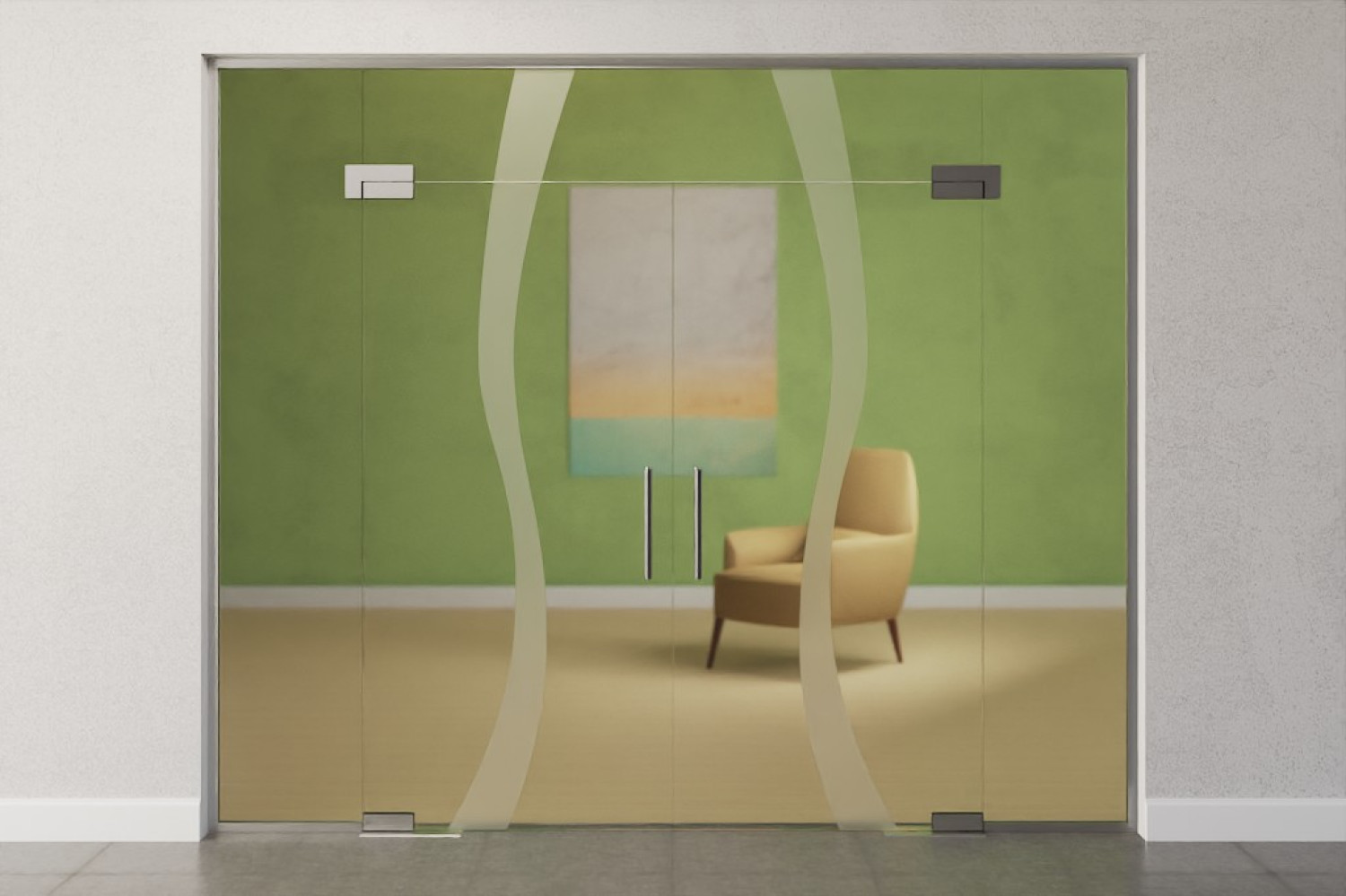 Frontansicht von Bergamo Motiv matt 2-flg. Glaspendeltür mit zwei festen Seitenteilen und Oberlicht DORMA Mundus BTS Variante 12 - Erkelenz