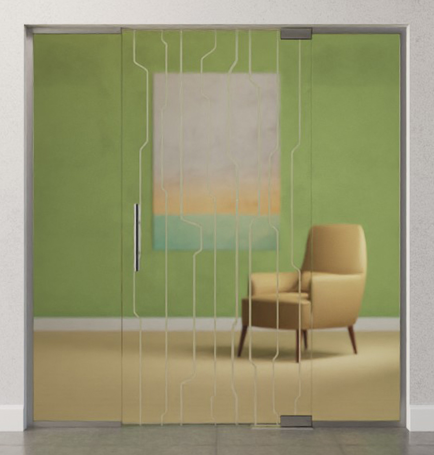 Bild von Curves Motiv matt Glaspendeltür mit zwei festen Seitenteilen DORMA Mundus BTS Variante 3 - Erkelenz