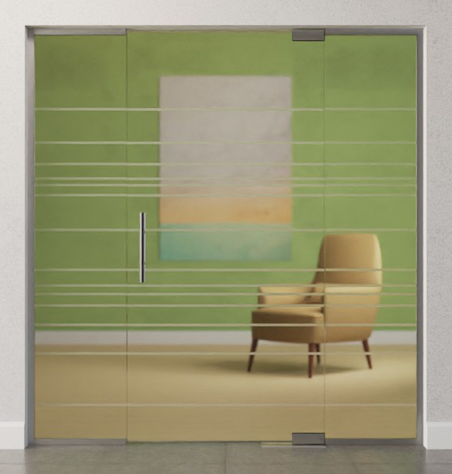 Bild von Quer Motiv matt Glaspendeltür mit zwei festen Seitenteilen DORMA Mundus BTS Variante 3 - Erkelenz