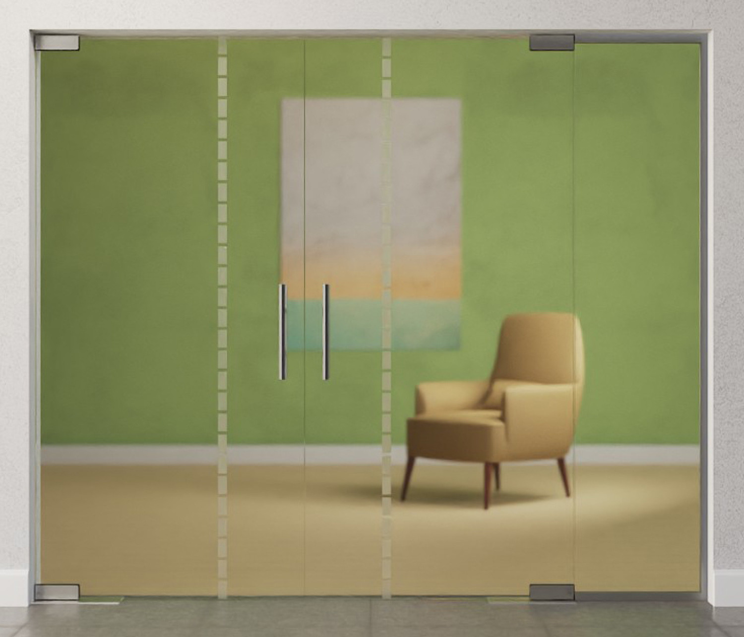 Frontansicht von Algo Motiv matt 2-flg. Glaspendeltür mit festem Seitenteil DORMA Mundus BTS Variante 5 - Erkelenz