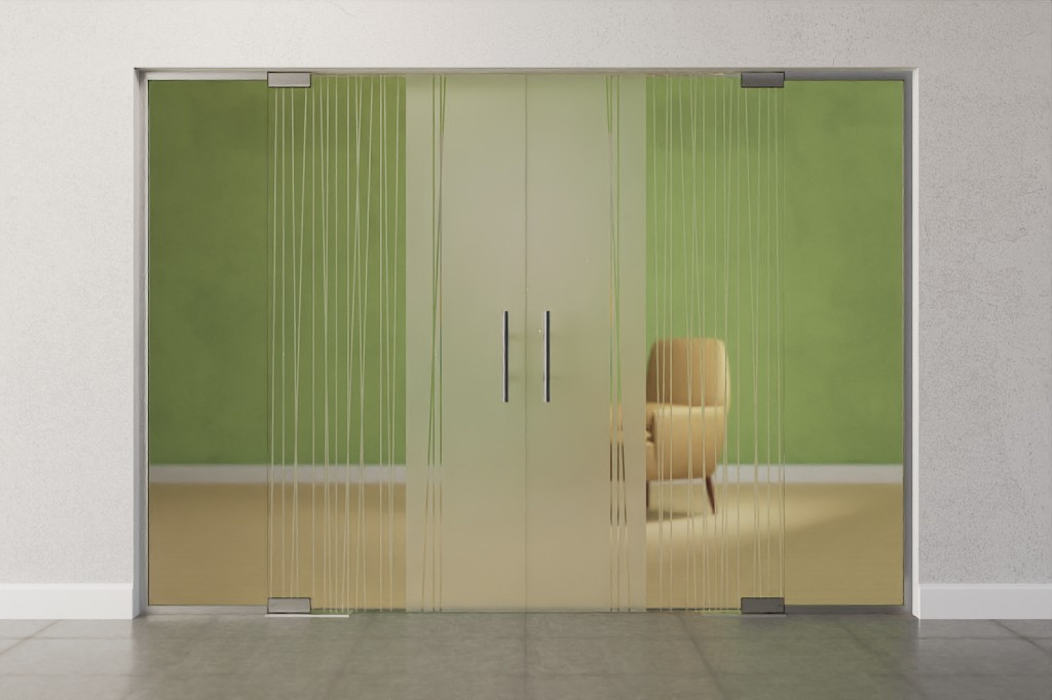 Frontbild von Linie 1 Motiv klar 2-flg. Glaspendeltür mit zwei festen Seitenteilen DORMA Mundus BTS Variante 6 - Erkelenz