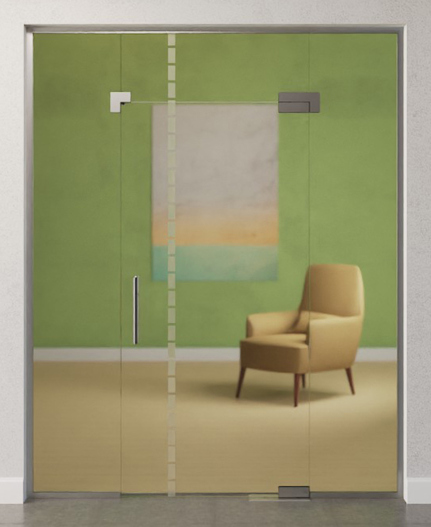 Bild von Algo Motiv matt Glaspendeltür mit zwei festen Seitenteilen und Oberlicht DORMA Mundus BTS Variante 9 - Erkelenz