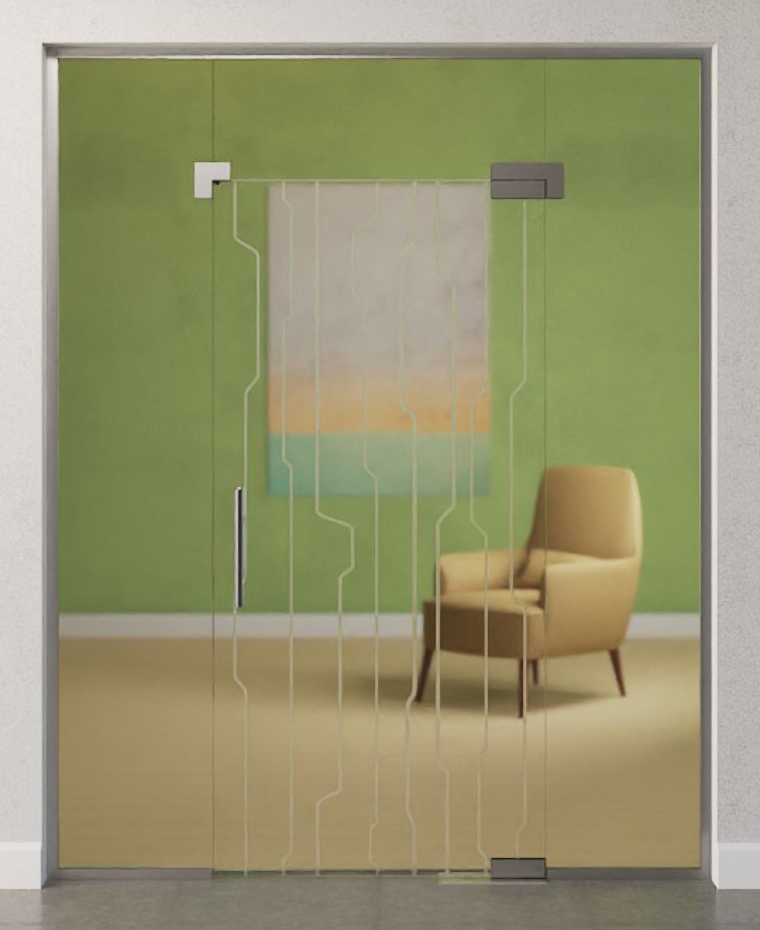Bild von Curves Motiv matt Glaspendeltür mit zwei festen Seitenteilen und Oberlicht DORMA Mundus BTS Variante 9 - Erkelenz