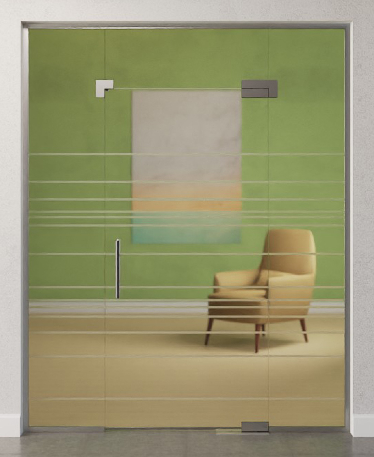 Bild von Quer Motiv matt Glaspendeltür mit zwei festen Seitenteilen und Oberlicht DORMA Mundus BTS Variante 9 - Erkelenz