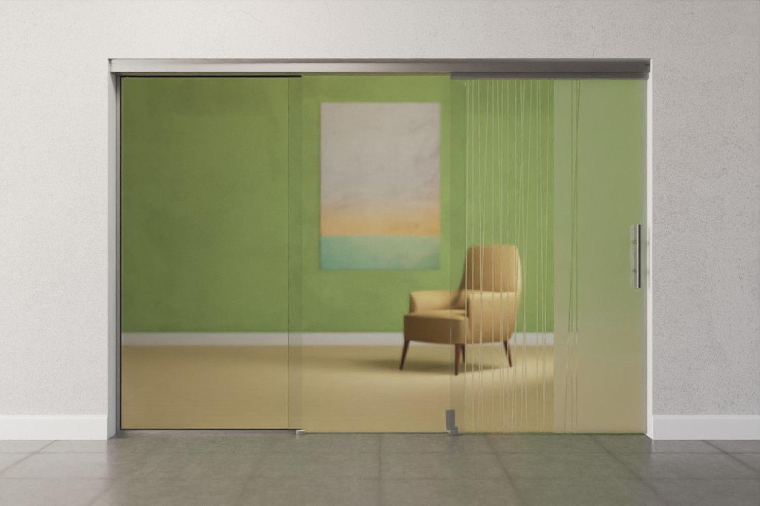 Frontansicht von Linie 1 Motiv klar 2-flg. Glasschiebetür voreinander auf ein Seitenteil fahrend DORMA MUTO Teleskop Variante 2 - Erkelenz