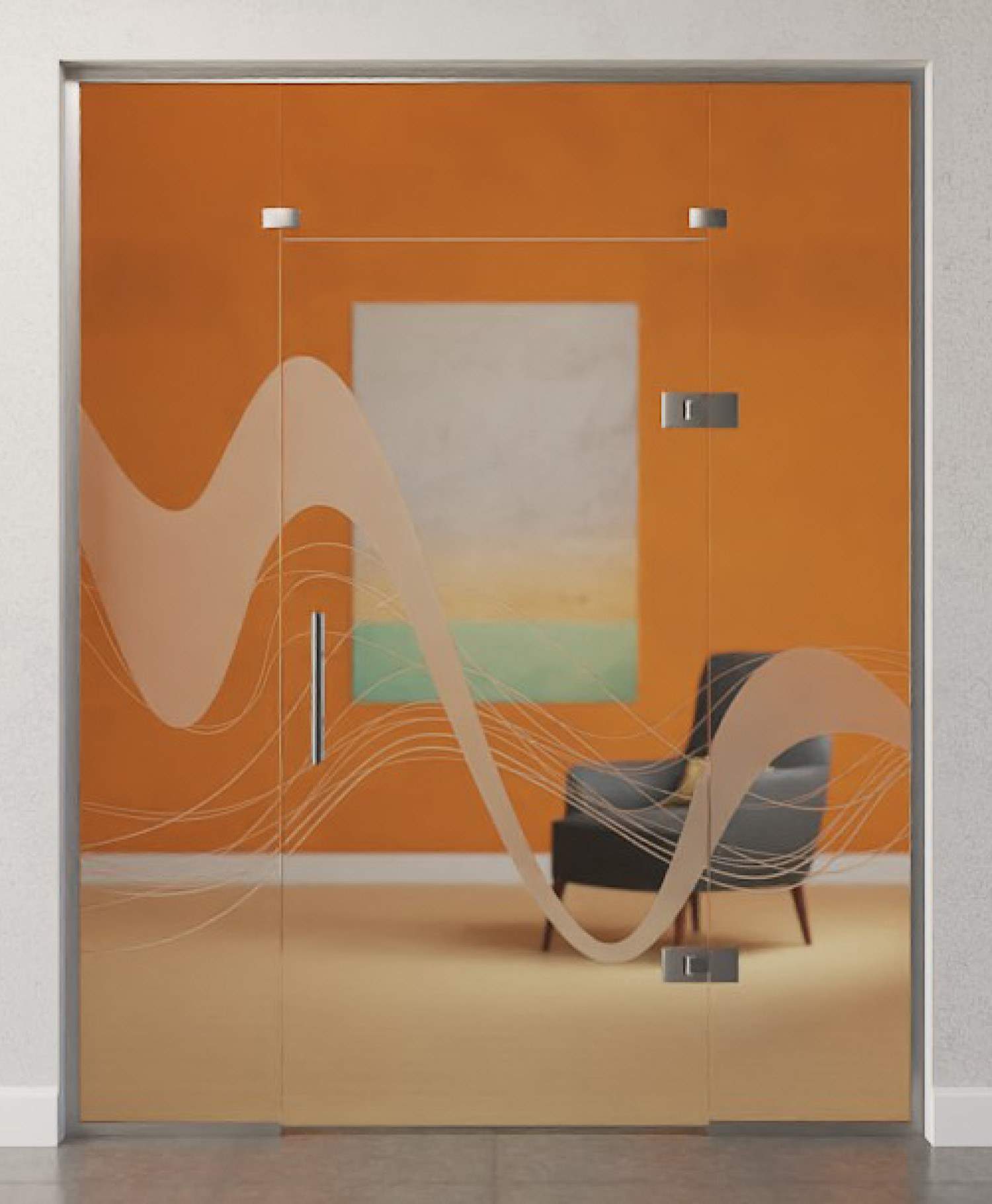 Bild von Sinus 2 Motiv matt Glaspendeltür mit zwei festen Seitenteilen und Oberlicht DORMA Tensor Variante 5 - Erkelenz