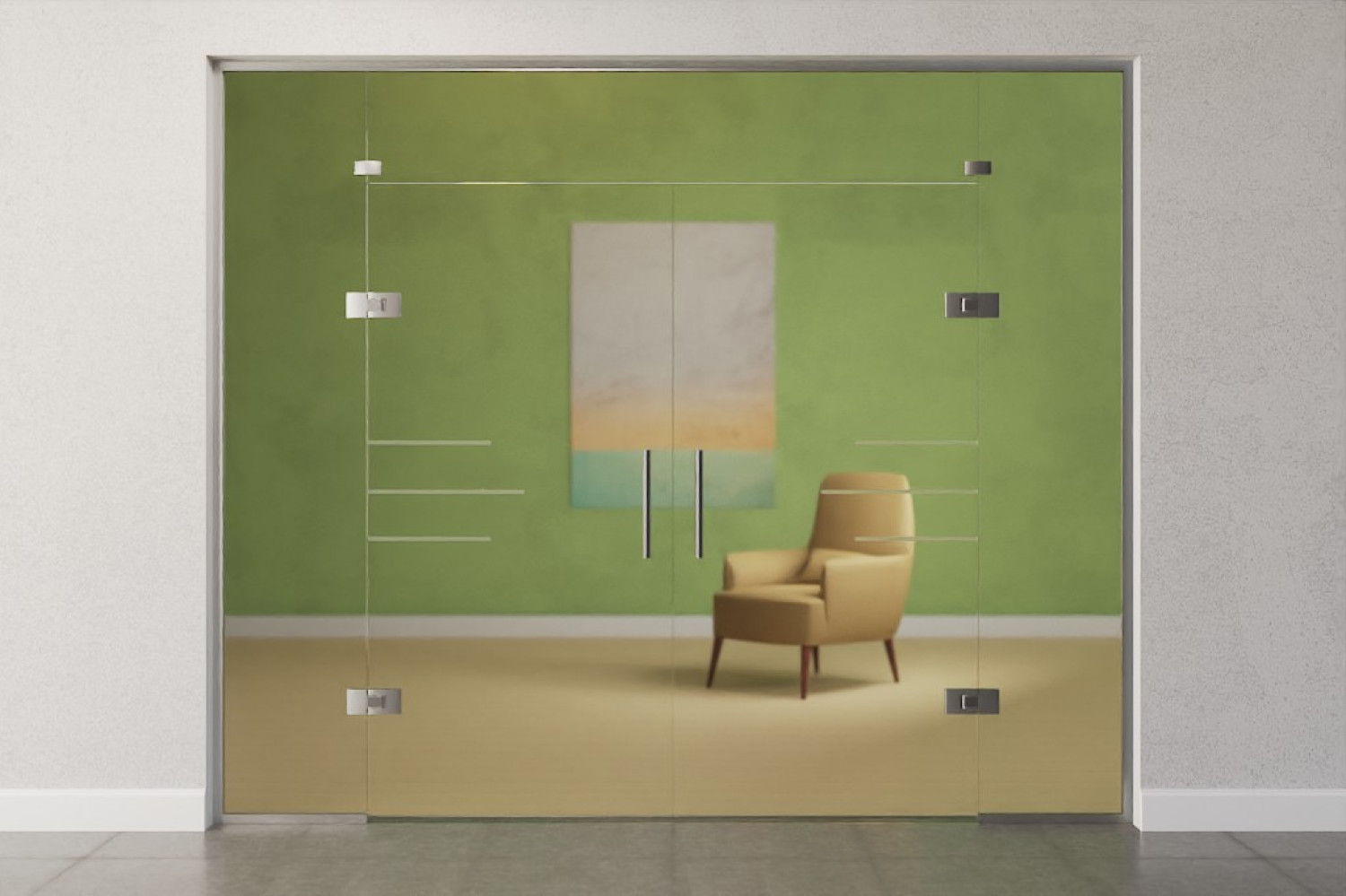 Bild von Bahia Motiv matt 2-flg. Glaspendeltür mit zwei festen Seitenteilen und Oberlicht DORMA Tensor Variante 6 - Erkelenz