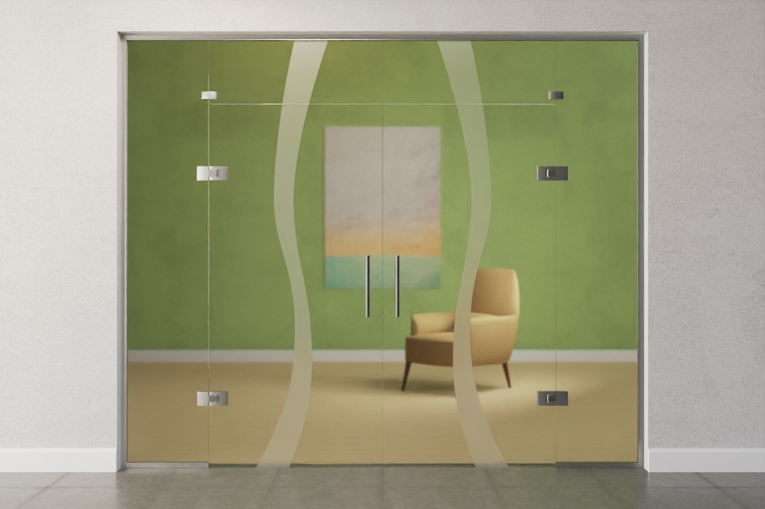 Bild von Bergamo Motiv matt 2-flg. Glaspendeltür mit zwei festen Seitenteilen und Oberlicht DORMA Tensor Variante 6 - Erkelenz