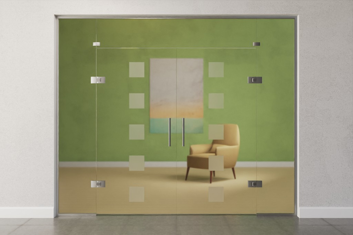 Bild von Cinque Motiv matt 2-flg. Glaspendeltür mit zwei festen Seitenteilen und Oberlicht DORMA Tensor Variante 6 - Erkelenz
