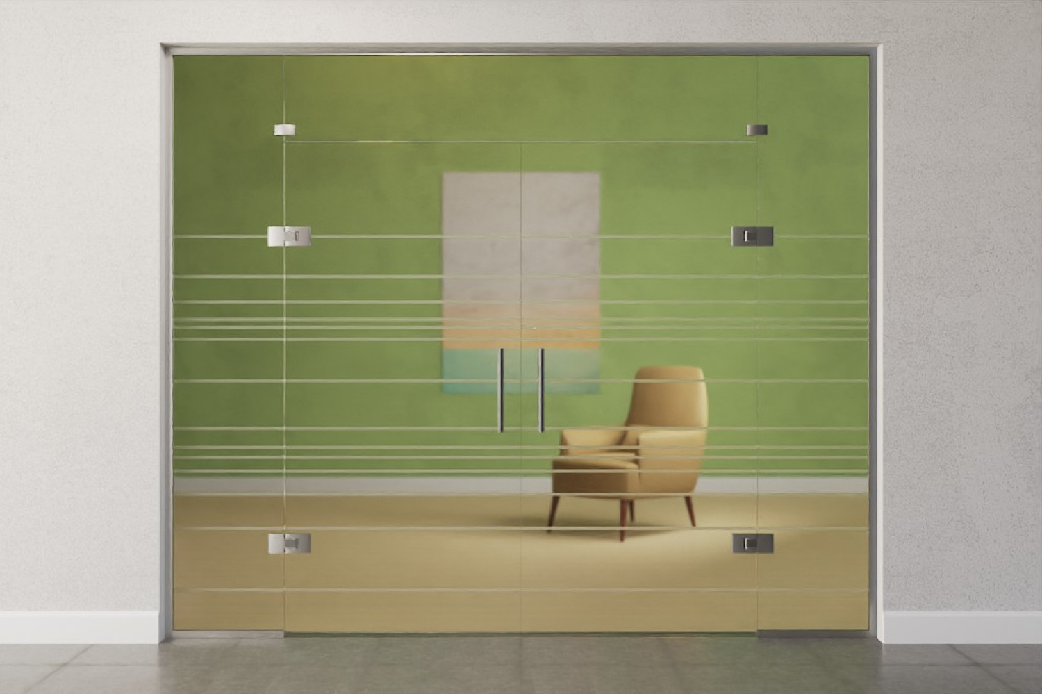 Bild von Quer Motiv matt 2-flg. Glaspendeltür mit zwei festen Seitenteilen und Oberlicht DORMA Tensor Variante 6 - Erkelenz