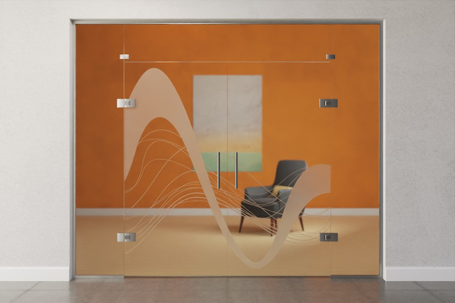Bild von Sinus 2 Motiv matt 2-flg. Glaspendeltür mit zwei festen Seitenteilen und Oberlicht DORMA Tensor Variante 6 - Erkelenz