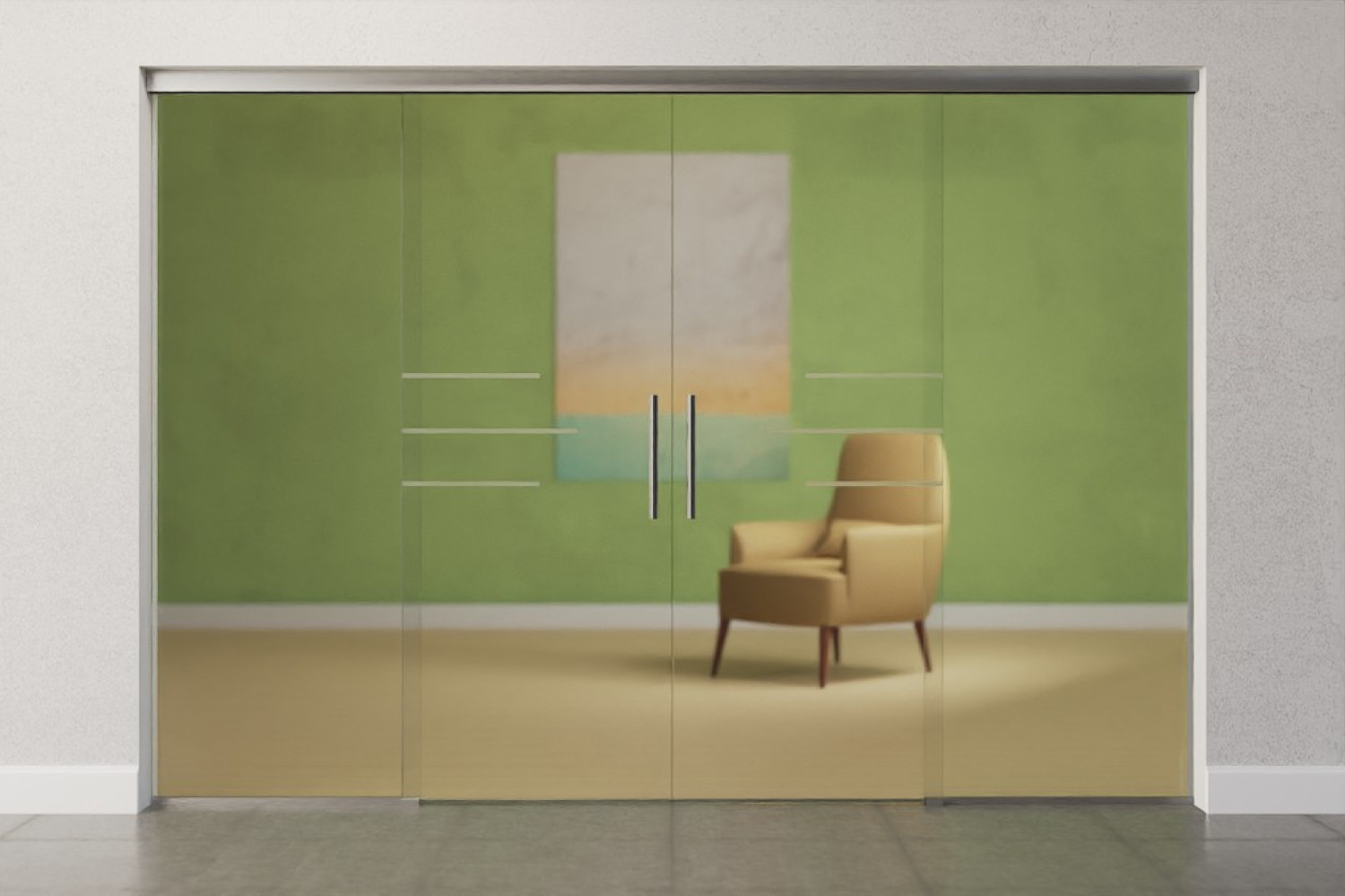 Frontansicht von Bahia Motiv matt 2-flg. Glasschiebetür mit zwei festen Seitenteilen Sigma Flexible Variante 3 - Erkelenz