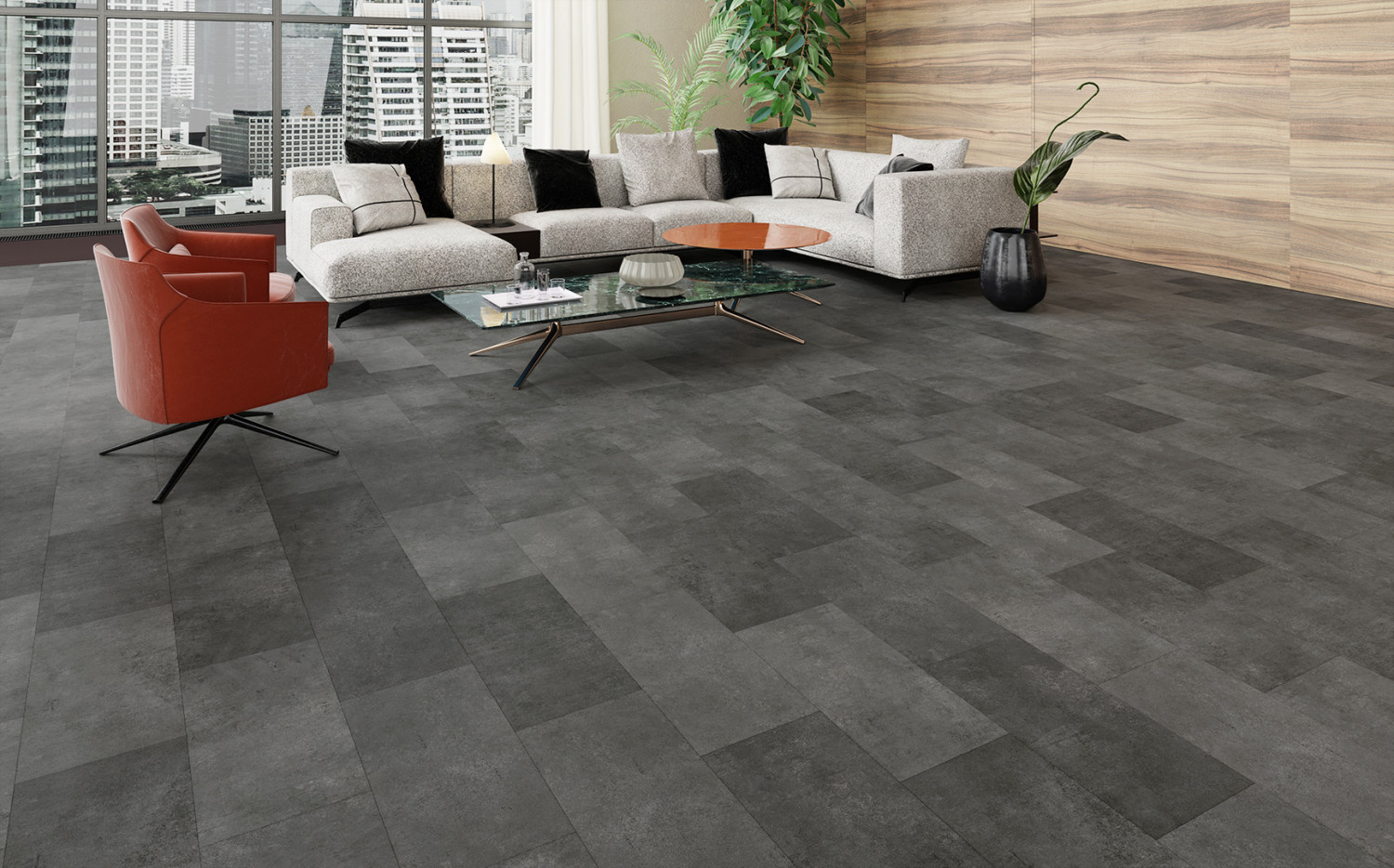 Milieubild Wohnbereich von Concrete dunkel matt Minipearl Plus Fliese Designboden Vinyl - Wiparquet