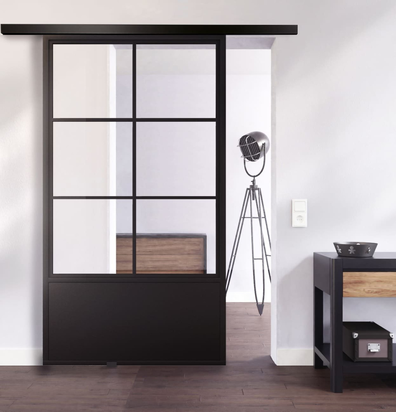 Ansicht von Schiebetür-Set Stahl Lofttür mit Sprossen 1-2 und Metalleinlage inkl. Schiebetürsystem Smart Line Soft - Lienbacher Glas