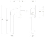 technische Zeichnung von INTERSTEEL Fenstergriff Messing lackiert eckige Rosette abschließbar