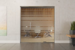 Frontansicht von Selina Motiv matt Glaspendeltür mit zwei festen Seitenteilen DORMA Mundus BTS Variante 3 - Erkelenz