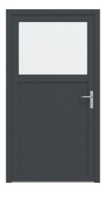 Frontansicht außen von Kunststoff Nebeneingangstür F002 Comfort mit Glasausschnitt in RAL 7016