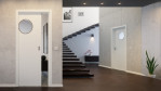 Schiebetür Hochweiß RAL 9003 CPL Bullauge Edelstahl - Interio mit in der Wand laufendem System im Wohnzimmer