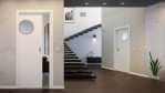 Schiebetür Weiß RAL 9016 CPL Bullauge Edelstahl - Interio mit in der Wand laufendem System im Wohnzimmer
