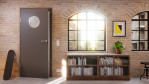 Detail-Milieuansicht von Huga Innentür Hygge grau RAL 7037 Duradecor Basic mit Lichtausschnitt LA Bullauge