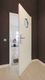 Front-Milieuansicht von GARANT Wohnungseingangstür W980ST15 Platinweiß GHK08 mit Lichtausschnitt LA-12