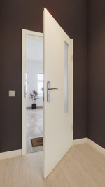 Front-Milieuansicht von GARANT Wohnungseingangstür W980ST15 Platinweiß GHK08 mit Lichtausschnitt LA-5 bandseitig