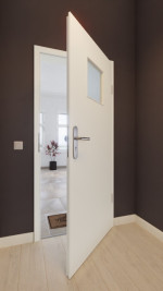 Front-Milieuansicht von GARANT Wohnungseingangstür U11026SD Kristallweiß GHK08 mit Lichtausschnitt LA-8