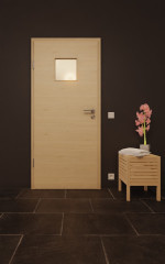 Front-Milieuansicht von GARANT Feuchtraumtür Quer Authentic Sand GCK08 mit Lichtausschnitt LA-7