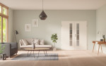 Front-Milieuansicht von GARANT Doppelflügeltür inkl. Zarge 0105-60 Pearl White CPL mit Lichtausschnitt LA-4 schlossseitig Sprosse SP10
