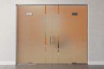 Frontansicht farbig von Algo Motiv klar 2-flg. Glaspendeltür mit zwei festen Seitenteilen und Oberlicht DORMA Mundus BTS Variante 12 - Erkelenz
