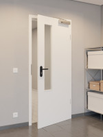 CloseUp-Flur-Milieuansicht von GARANT Rauchschutztür D354-60 Designer White Resopal mit Lichtausschnitt LA-5 schlossseitig