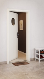 CloseUp-Milieuansicht von GARANT Wohnungseingangstür W980ST15 Platinweiß GHK08 mit Lichtausschnitt LA-12