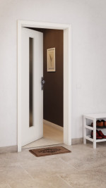 CloseUp-Milieuansicht von GARANT Wohnungseingangstür 0105-60 Pearl White CePaL mit Lichtausschnitt LA-4 mittig