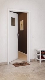 CloseUp-Milieuansicht von GARANT Wohnungseingangstür D354-60 Designer White Resopal mit Lichtausschnitt LA-8