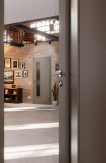 CloseUp-Milieuansicht von Hygge Grau RAL 7037 LA 24 schlossseitig Mattlack Basic Innentür - Huga