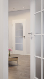 CloseUp-Milieuansicht von HUGA Innentür Kontur 1 Weißlack Classic mit Lichtausschnitt LA Sprosse 2/4