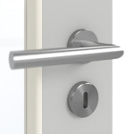 Detailansicht der Oberfläche von GARANT Schallschutztür D92-60 Dove Grey Resopal mit Lichtausschnitt LA-4 schlossseitig