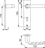 technische Zeichnung von Drückergarnitur Birmingham Alu Natur Kurzschild - HOPPE