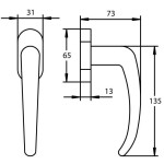 Technische Zeichnung von SÜDMETALL Fenstergriff Madrid Aluminium F1 perl