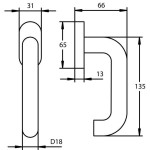 Technische Zeichnung von SÜDMETALL Fenstergriff Paula Aluminium F1 perl